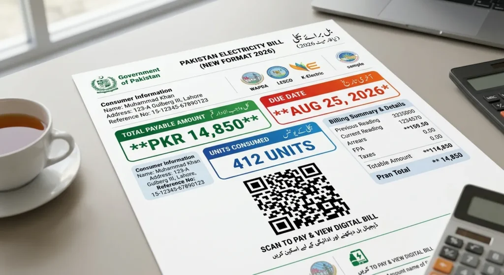 New electricity bill format in Pakistan showing payable amount, due date, units and QR code